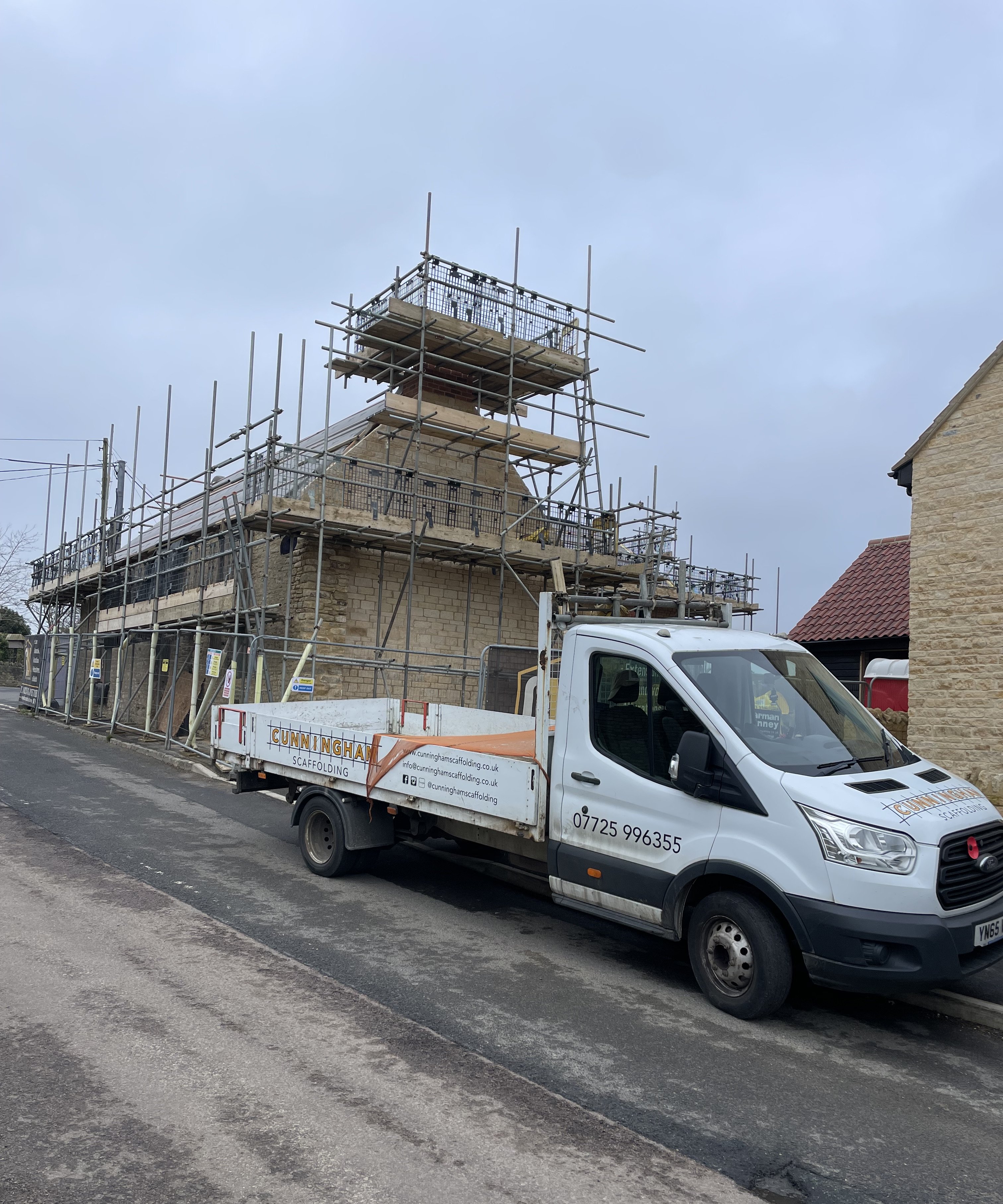 Cunningham Scaffolding wrap around chimney restoration at Pepys Lane